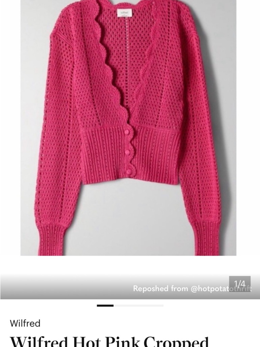 Aritzia Wilfred Hot Pink Scallop-Edge Cropped Cardigan